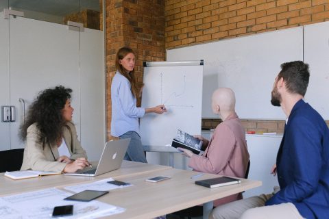 A group of people sat around a meeting table. One person is stood next to a flipchart with the others looking at them.